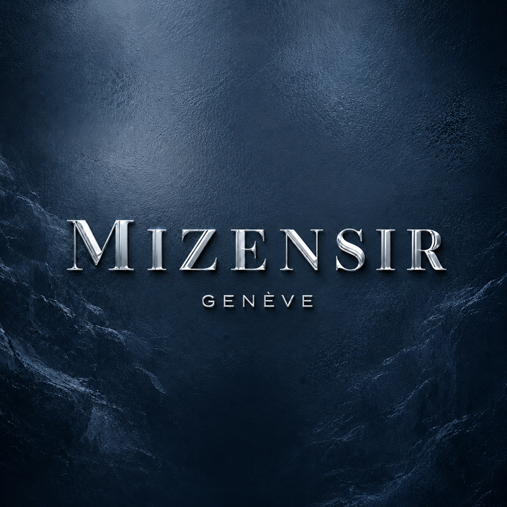 Silver Mizensir Genève logo on a deep Alpine blue frosted background
