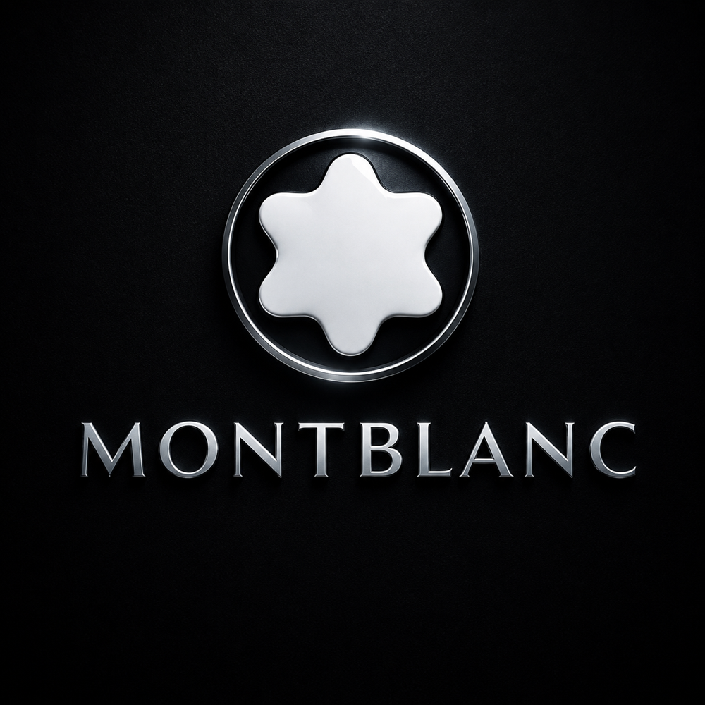 White Montblanc snowcap logo on a deep black luxury textured background