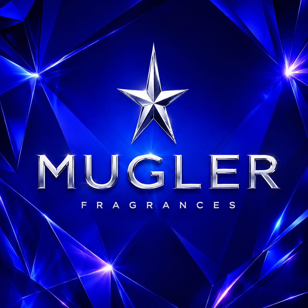 Silver Mugler logo on an electric cobalt blue faceted background