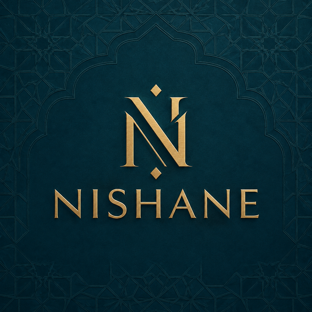 Champagne gold Nishane logo on a deep Ottoman teal architectural background