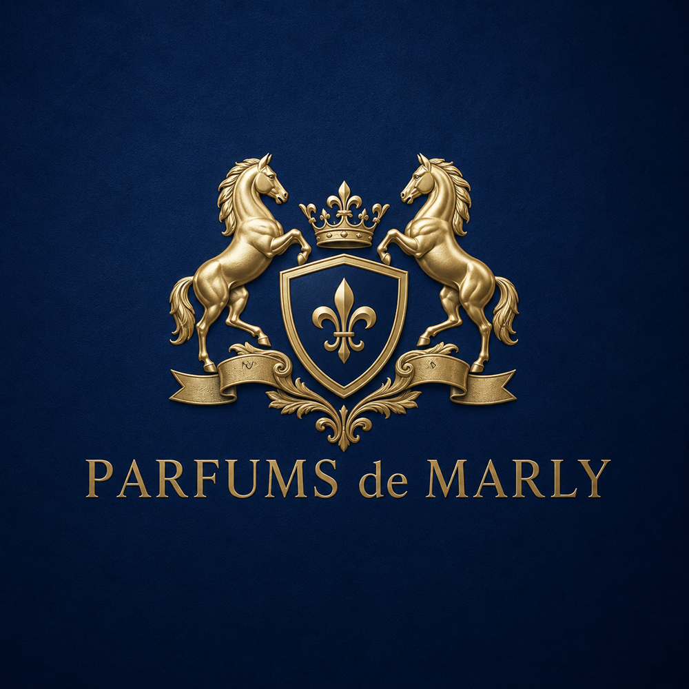 Gold Parfums de Marly twin-horse crest and logo on a deep royal blue background