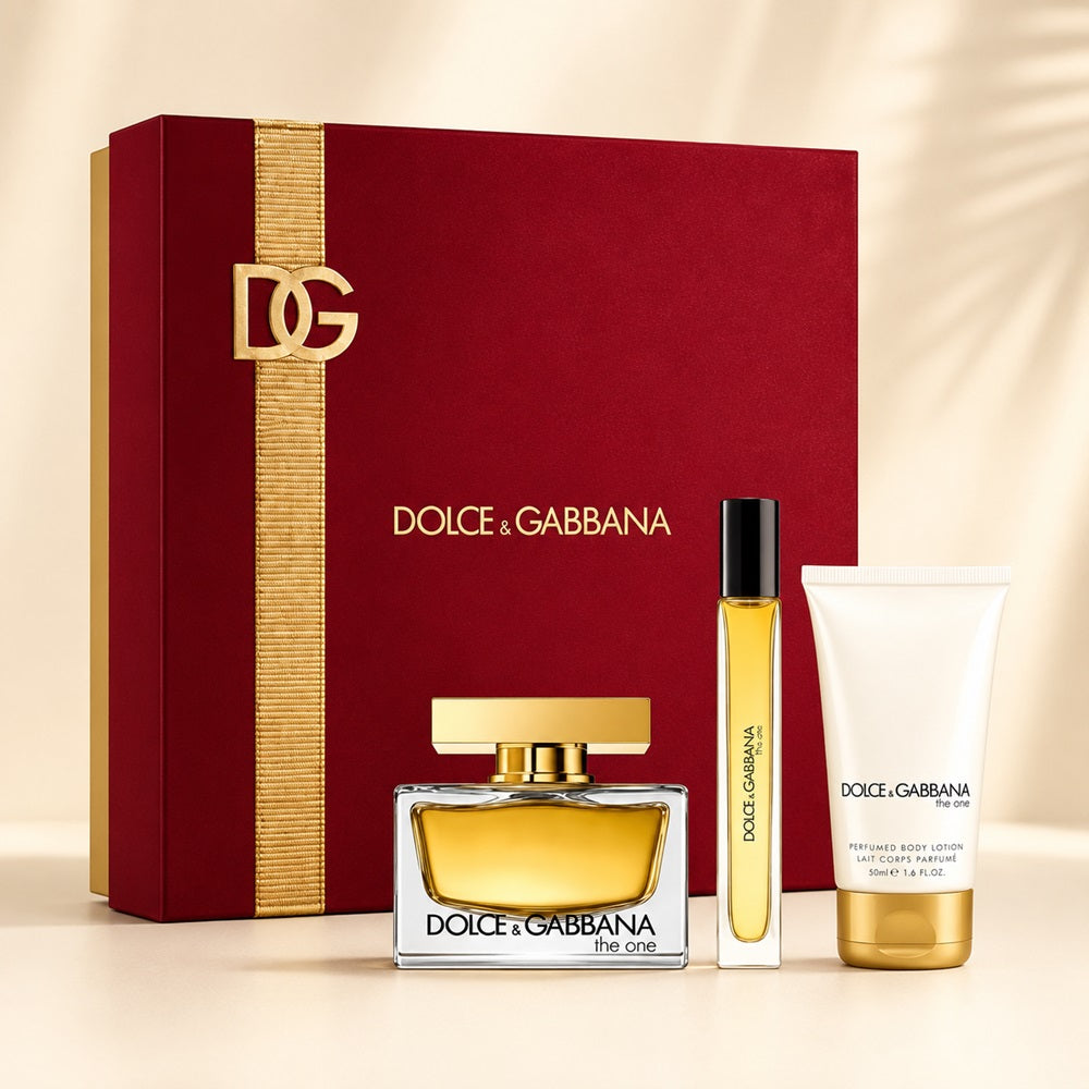 Dolce & Gabbana The One gift set featuring presentation box, perfume bottle, travel spray and body lotion in an elegant square display