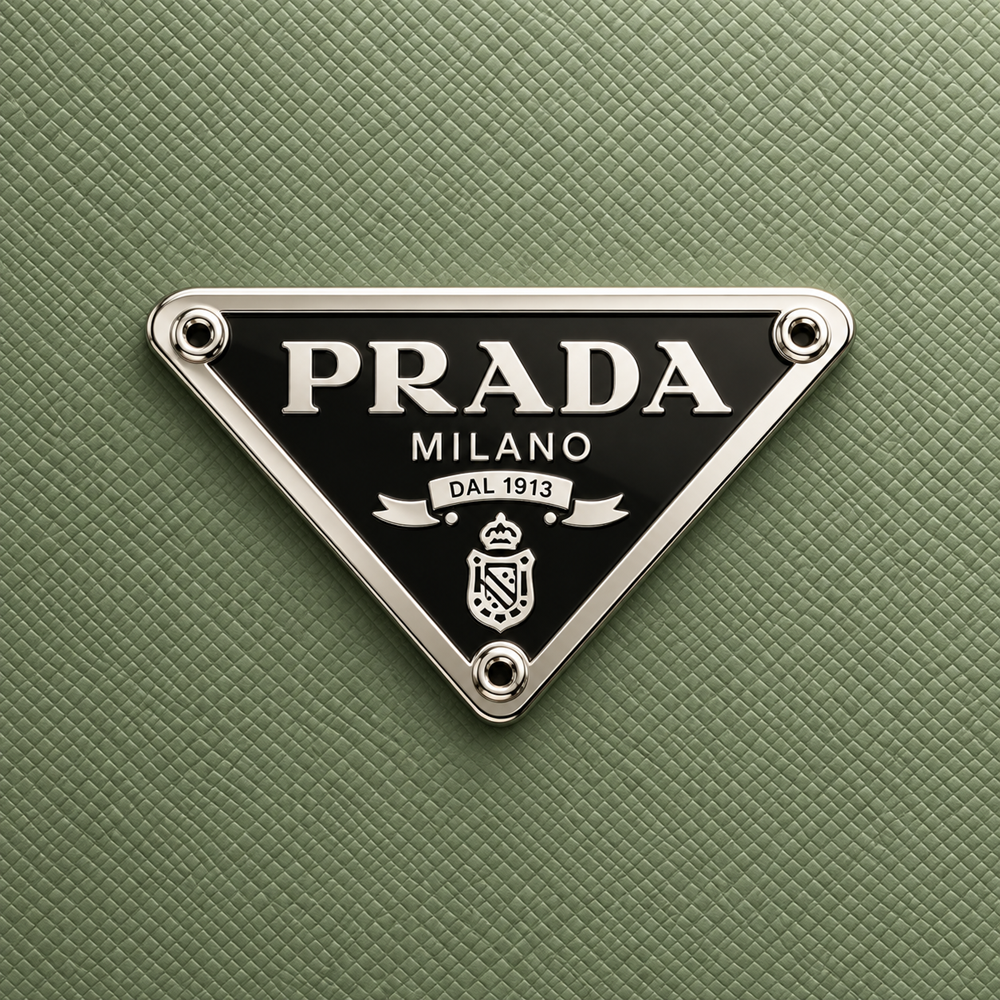 Silver Prada Milano triangle logo on a muted sage green Saffiano textured background