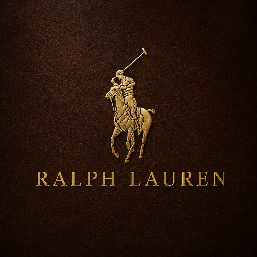 Gold Ralph Lauren Polo Player logo on a deep equestrian brown leather background