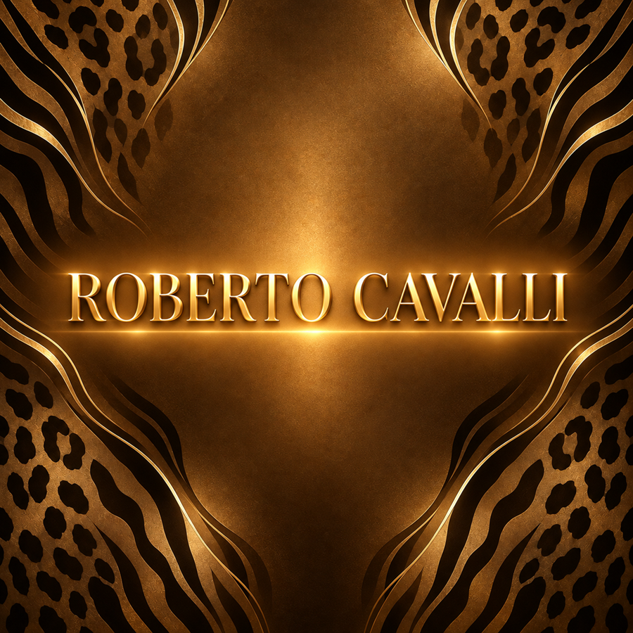 Gold Roberto Cavalli logo on a deep bronze luxury background with abstract animal inspired detailing