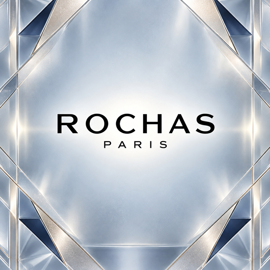 Black Rochas Paris logo on a frosted blue grey luxury background with subtle crystal inspired detailing