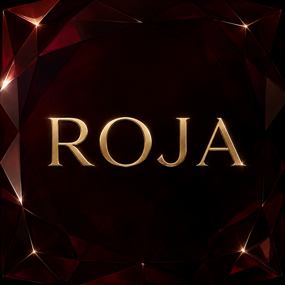 Champagne gold Roja logo on a deep ruby black faceted luxury background