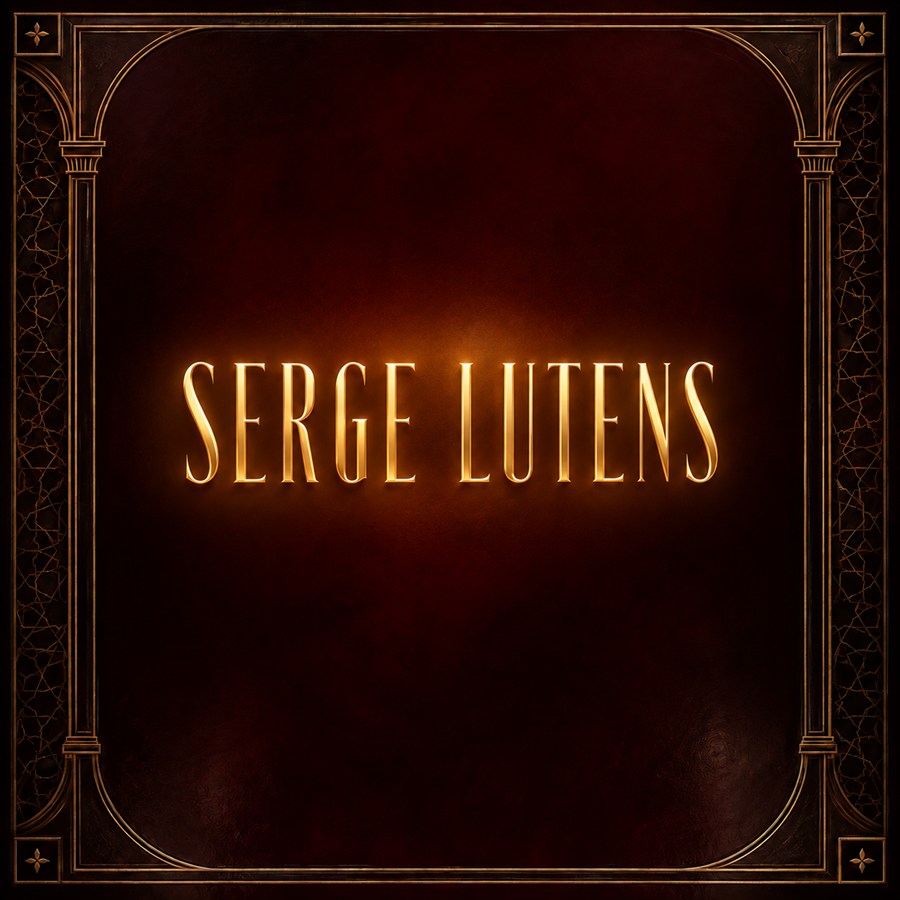 Ivory Serge Lutens logo on a deep oxblood black architectural luxury background