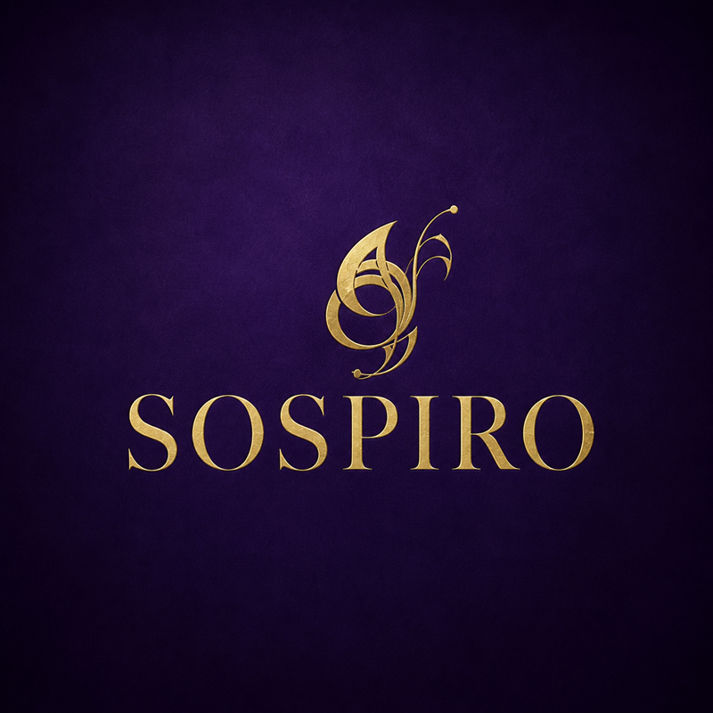 Gold Sospiro perfume house logo on a deep purple background