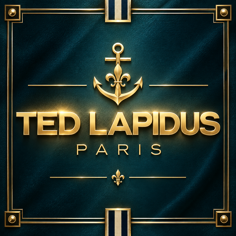 Brass Ted Lapidus Paris logo on a deep petrol blue green nautical inspired luxury background