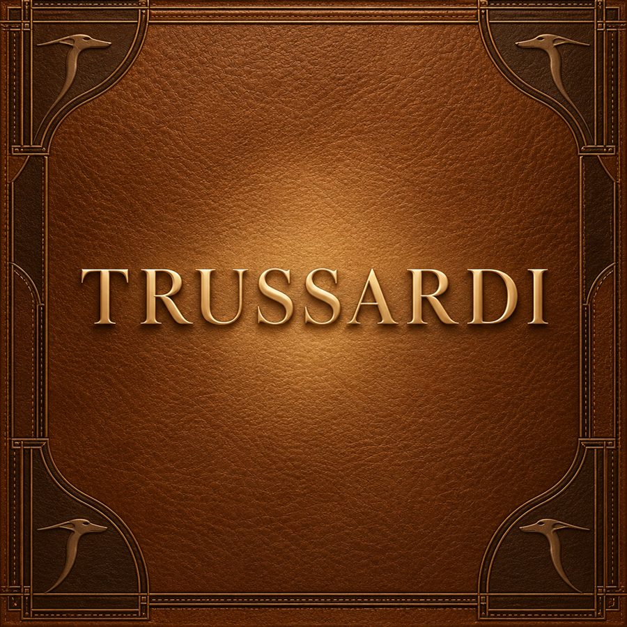 Gold Trussardi logo on a warm cognac leather inspired Italian luxury background