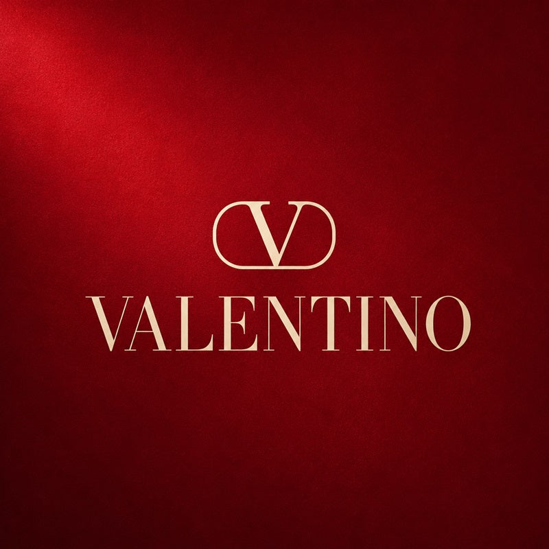 Valentino logo on a rich crimson background