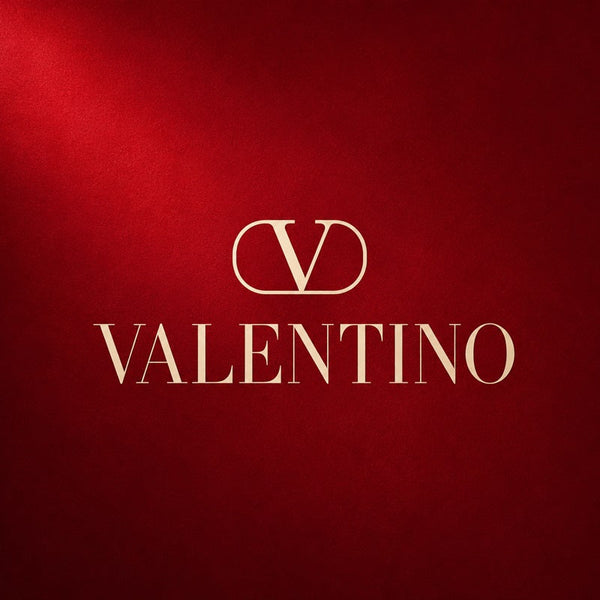 Valentino logo on a rich crimson background