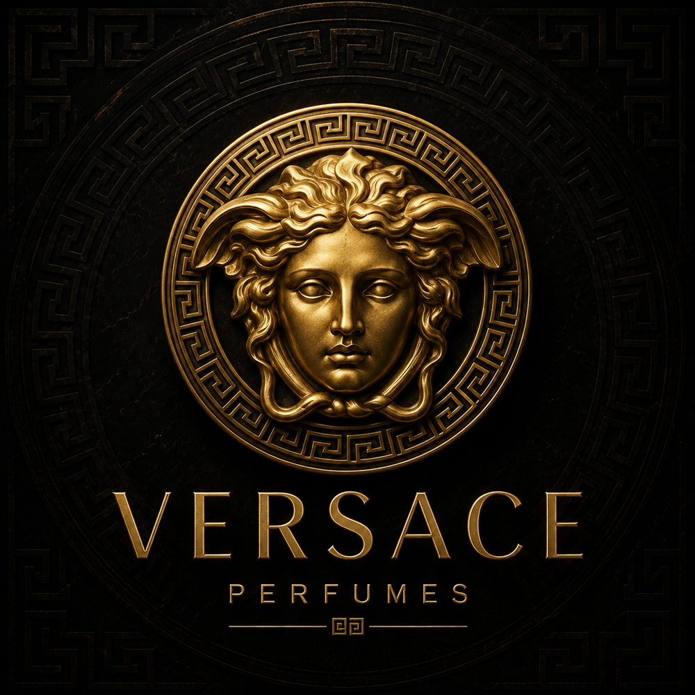 Gold Versace Medusa logo on a deep black Greek key inspired background