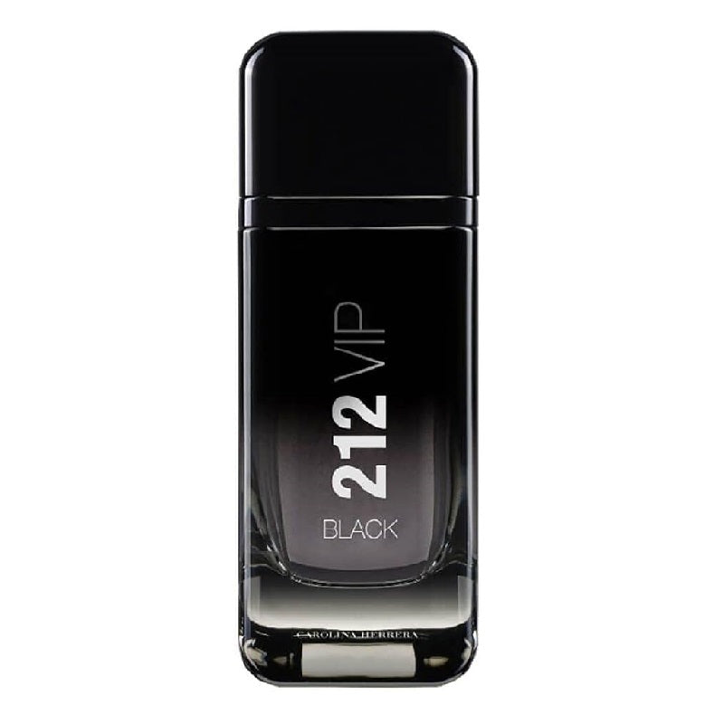 A black bottle of 212 VIP Black Eau de Parfum for men by Carolina Herrera with white and silver text on the front.
