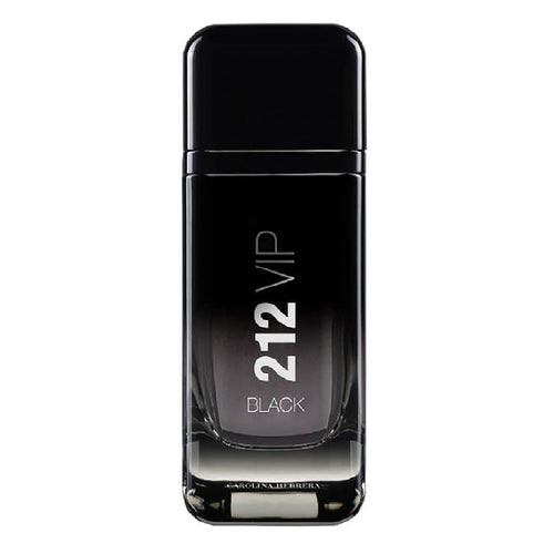 A black bottle of 212 VIP Black Eau de Parfum for men by Carolina Herrera with white and silver text on the front.