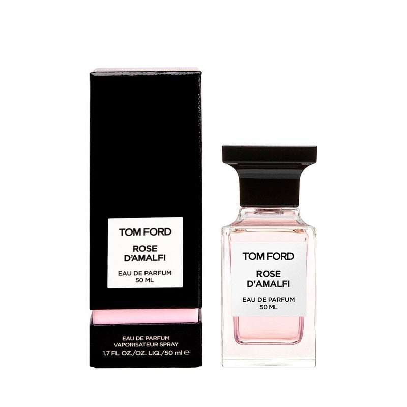 Tom Ford Rose D'Amalfi Eau De Parfum bottle and packaging, with the product name displayed prominently on the box and the bottle.