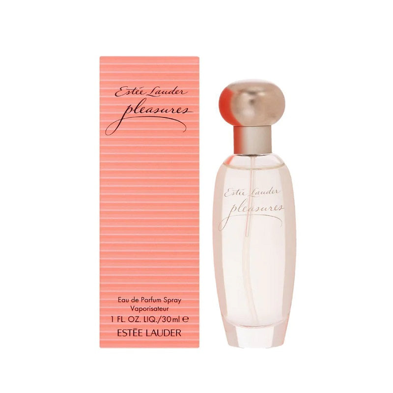 Estee Lauder Pleasures Eau de Parfum spray bottle and packaging box.