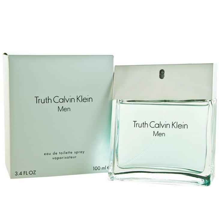 A bottle of 'Truth men' Eau De Toilette by Calvin Klein, with its packaging box, displaying the product name and volume of 100ml.