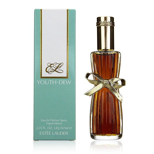 A bottle of Youth Dew Eau de Parfum by Estee Lauder with a bow decoration on the bottle, displayed next to its packaging box.