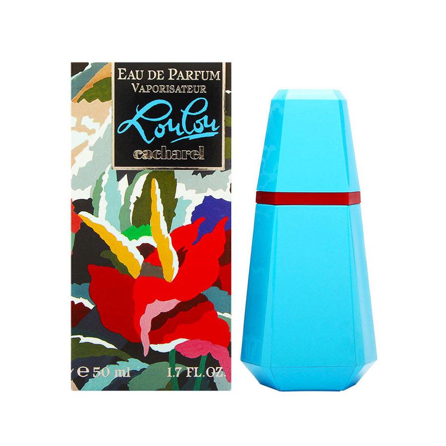 The product image shows the packaging and bottle of Lou Lou Eau de Parfum by Cacharel. The packaging has a colorful floral design, and the bottle is turquoise with a red band.