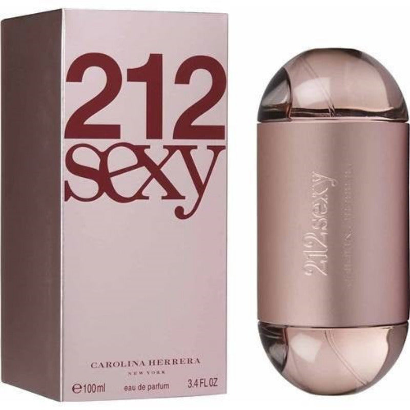 The product image shows the packaging and the bottle of 212 Sexy Women Eau de Parfum by Carolina Herrera. The packaging is predominantly pink with red text, and the bottle is mauve with a matte metallic cap.