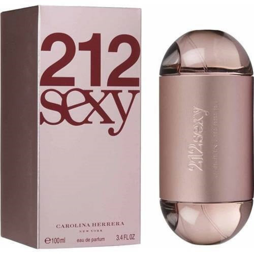 The product image shows the packaging and the bottle of 212 Sexy Women Eau de Parfum by Carolina Herrera. The packaging is predominantly pink with red text, and the bottle is mauve with a matte metallic cap.