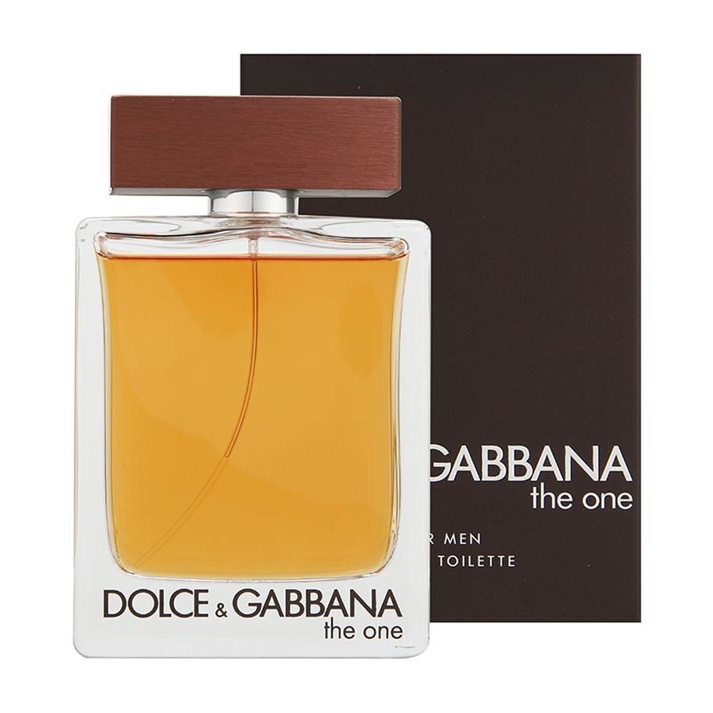 A bottle of Dolce & Gabbana 'The One for Men' Eau de Toilette with a wooden cap, positioned in front of its black and white packaging box.