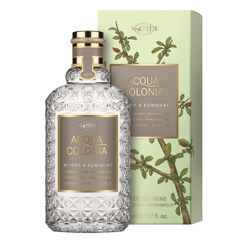 A product image showing a 170ml bottle of 4711 Acqua Colonia Myrrh & Kumquat EDC, alongside its packaging box with botanical illustrations.