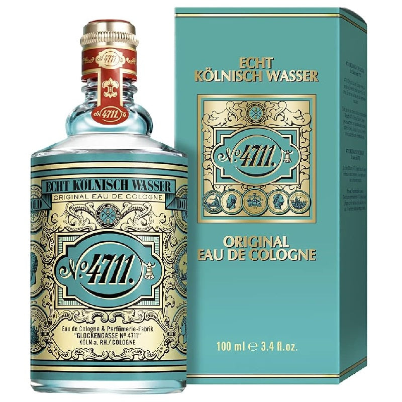 A product image showing a 100ml bottle of 4711 Cologne Original Eau De Cologne by House of 4711, with a blue and gold label, alongside its packaging box.