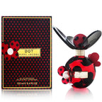 Packaging and bottle of Marc Jacobs Dot perfume, with a red and black design and a ladybug motif.