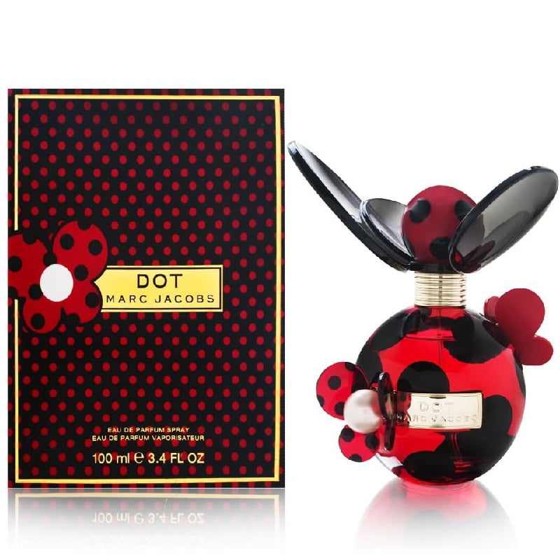 Packaging and bottle of Marc Jacobs Dot perfume, with a red and black design and a ladybug motif.