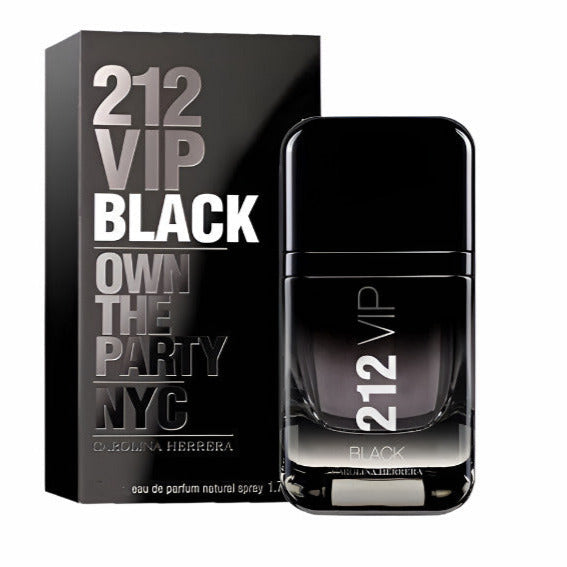 A product image featuring a black bottle of 212 VIP Black Eau de Parfum for men alongside its packaging box.