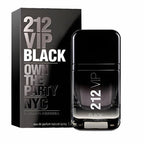 A product image featuring a black bottle of 212 VIP Black Eau de Parfum for men alongside its packaging box.