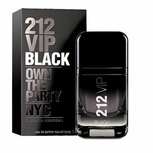 A product image featuring a black bottle of 212 VIP Black Eau de Parfum for men alongside its packaging box.