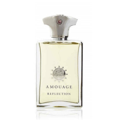 A bottle of Amouage Reflection Man eau de parfum with a clear, yellow liquid visible and the label displaying the product name and brand.
