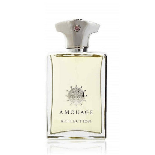 A bottle of Amouage Reflection Man eau de parfum with a clear, yellow liquid visible and the label displaying the product name and brand.