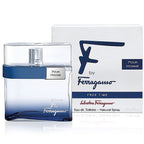 A bottle of F by Ferragamo Free Time Eau de Toilette for men alongside its packaging box.