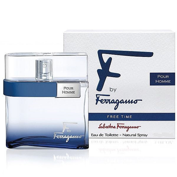 A bottle of F by Ferragamo Free Time Eau de Toilette for men alongside its packaging box.