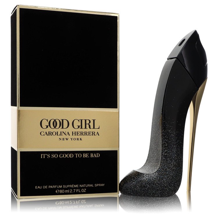 A bottle of 'Good Girl Supreme' Eau de Parfum by Carolina Herrera, with a decorative box, positioned next to a stylized high-heel shoe.