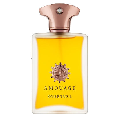 A bottle of Amouage Overture Man eau de parfum with a amber-colored liquid visible through the clear glass and a gold cap.