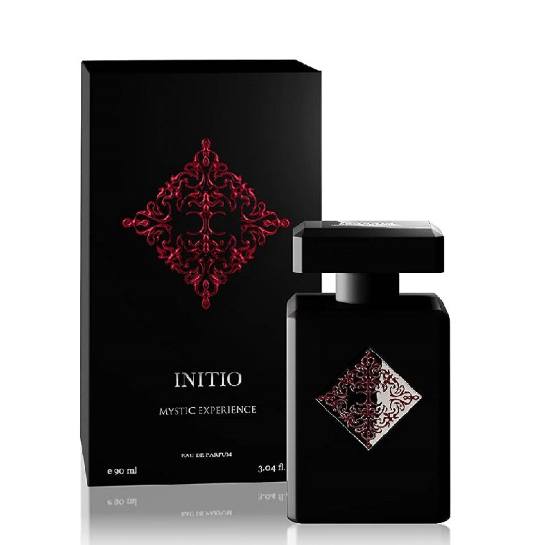 A black bottle of Mystic Experience Eau De Parfum by Initio, with a red floral pattern on the box and the name 'INITIO' prominently displayed.