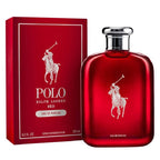A bottle of Polo Red Eau De Parfum by Ralph Lauren, with a red hue and a white graphic of a polo player on the front, alongside its packaging box.