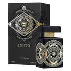 A black bottle of Initio Eau De Parfum with gold and white text and design elements on the label, including the name 'Oud for Happiness' prominently displayed.