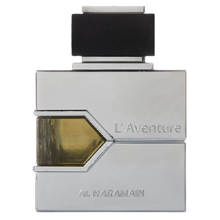 A square-shaped bottle of L'Aventure Homme eau de parfum by Al Haramain, with a clear display of the yellowish liquid inside and labeled with the brand and product name.