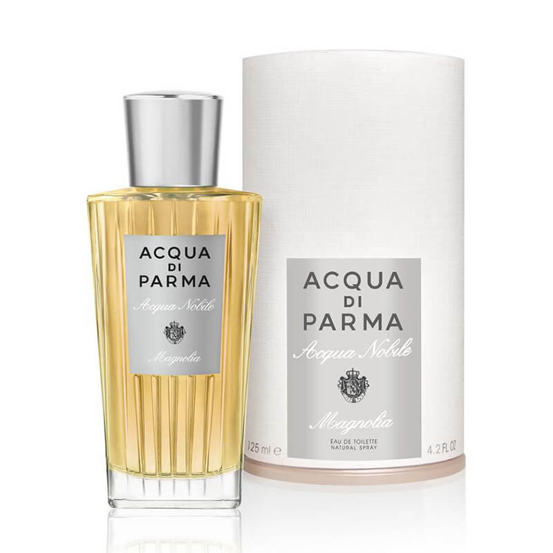A bottle of Acqua Nobile Magnolia Eau De Toilette by Acqua Di Parma, with a white cylindrical packaging box.