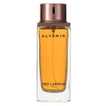 Perfume bottle with bronze cap and amber liquid on a white background