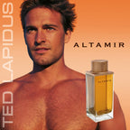 Man with a shirtless torso and a Ted Lapidus Altamir perfume bottle on an orange background