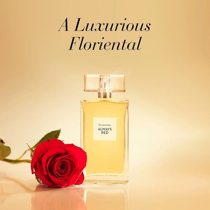 Perfume bottle labeled 'Always Red' with a red rose on a beige background