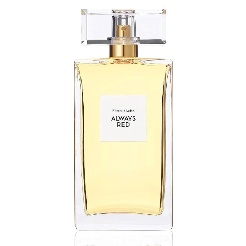 A bottle of Elizabeth Arden's Always Red Eau de Toilette with a clear, golden liquid visible and the label displaying the product name.